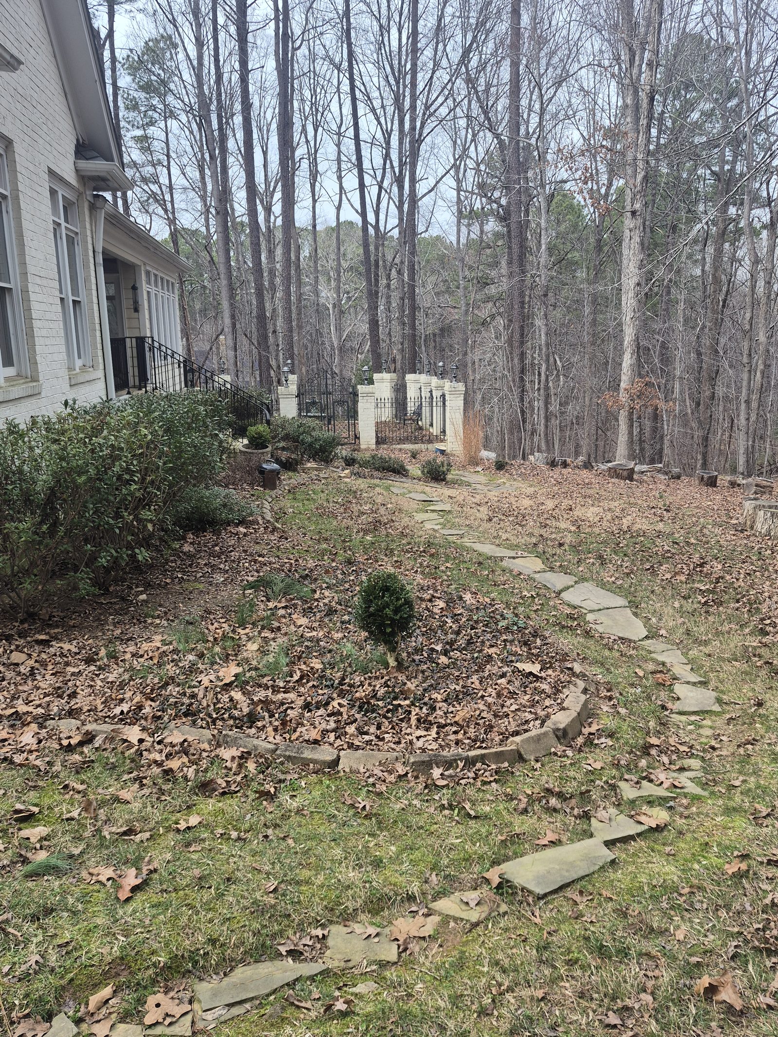 Bare winter foundation bed with stone path before the woodland garden project
