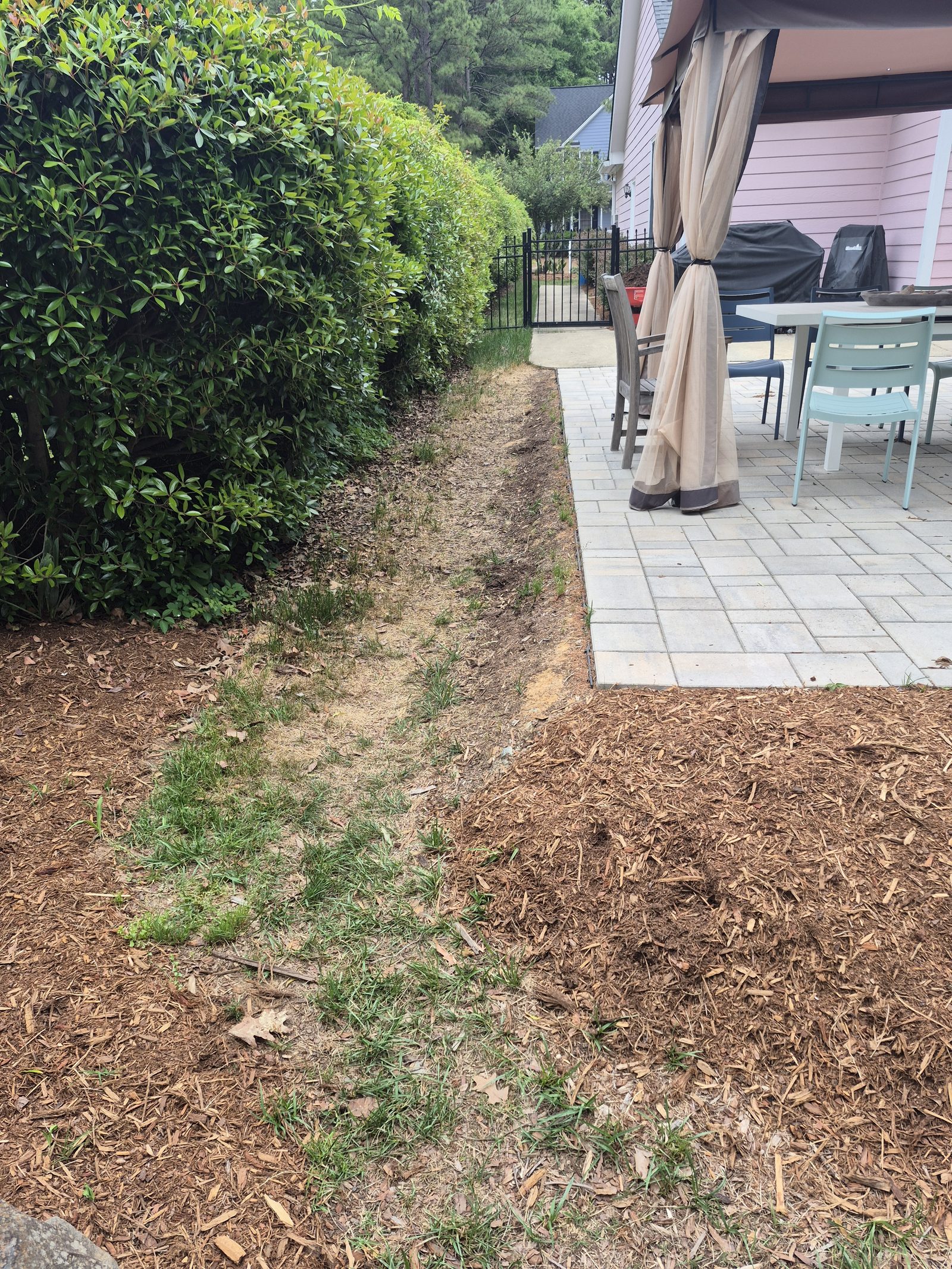 Side yard before gravel path installation, bare dirt strip